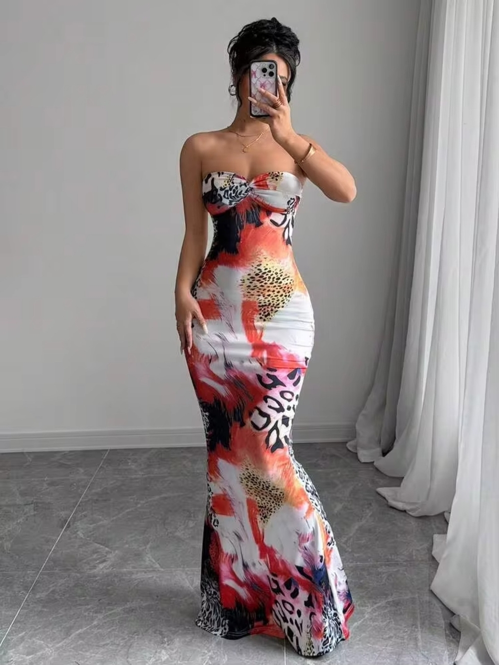 Strapless Red & White Animal-Print Mermaid Dress